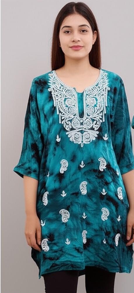 Women’s Vibrant Teal Tie-Dye Rayon Kurti with White Embroidery – 3/4 Sleeve