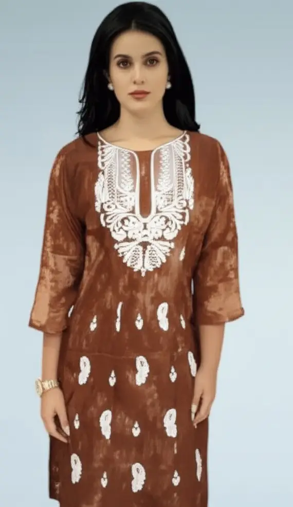 Women’s Elegant Brown Rayon Kurti with White Embroidery – 3/4 Sleeve