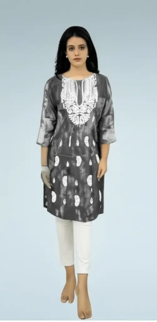 Women’s Stylish Black & White Tie-Dye Rayon Kurti with Intricate Embroidery