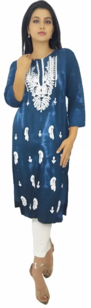 Women’s Stylish Blue Tie-Dye Rayon Kurti with White Embroidery – 3/4 Sleeve