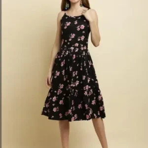 The Black & Pink Floral Tiered Midi Dress