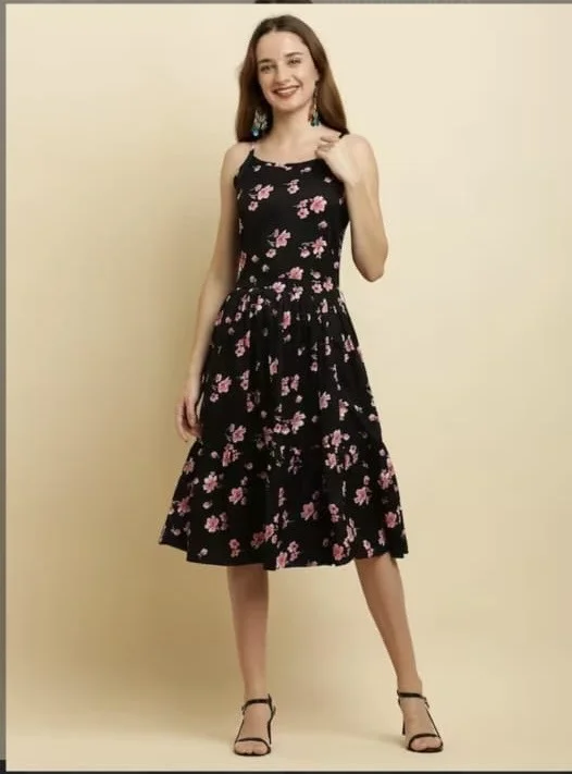 The Black & Pink Floral Tiered Midi Dress