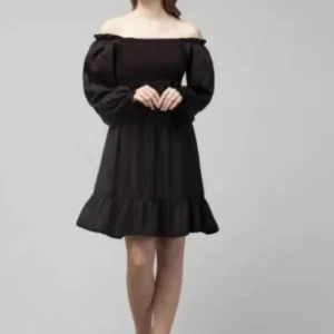 Black Solid Off-Shoulder Ruffled A-Line Mini Dress | Women's Casual & Party Wear