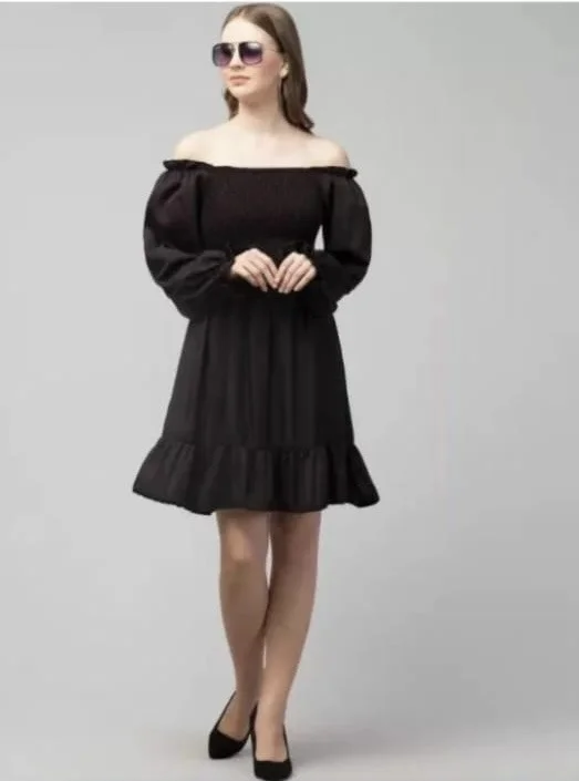 Black Solid Off-Shoulder Ruffled A-Line Mini Dress | Women’s Casual & Party Wear