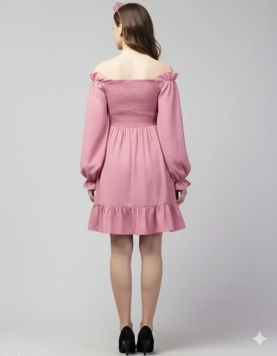 Pink Solid Off-Shoulder Ruffled A-Line Mini Dress | Women's Casual & Party Wear - Image 2