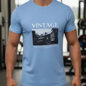 Vintage Cabin Graphic Tee - Soft Blue Short Sleeve Shirt