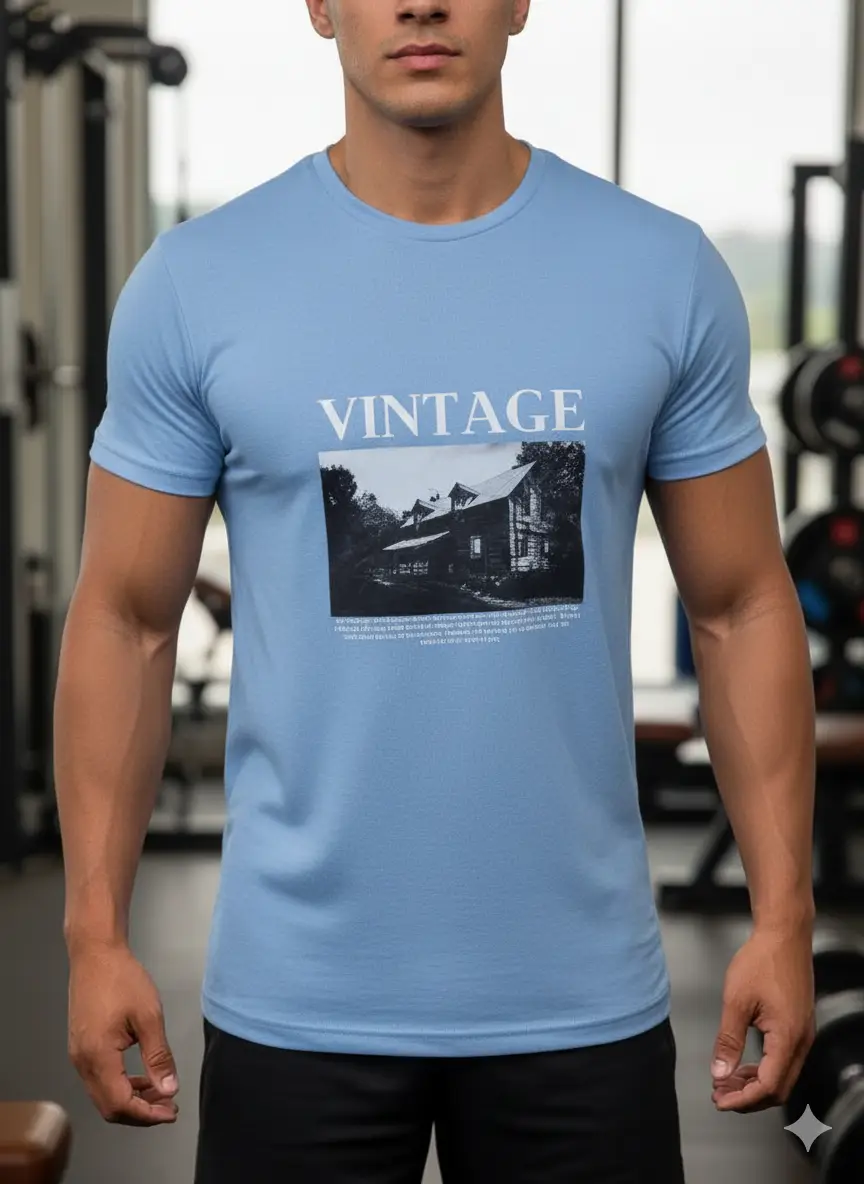 Vintage Cabin Graphic Tee – Soft Blue Short Sleeve Shirt