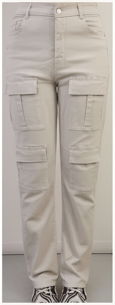 Women’s High-Waisted Beige Cargo Jeans – Straight Leg Multi-Pocket Style