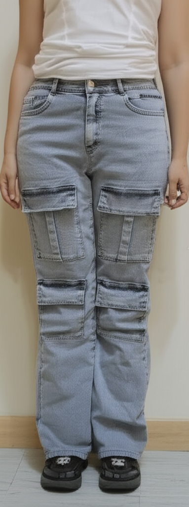 Women’s Light Wash Multi-Pocket Cargo Jeans -Streetwear Style