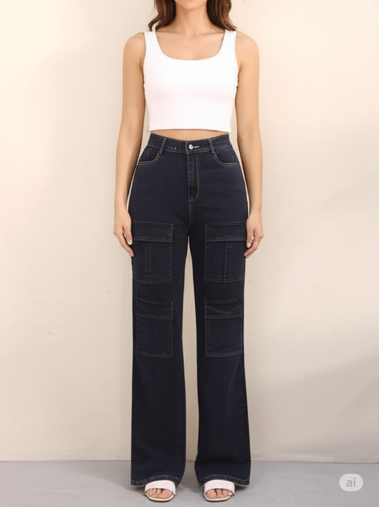 Women’s High-Waisted Wide Leg Cargo Jeans – Dark Denim