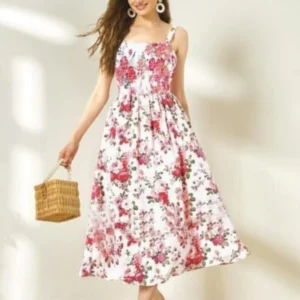 Elegant Blooms: The Floral Print Shirred Bodice Midi Dress