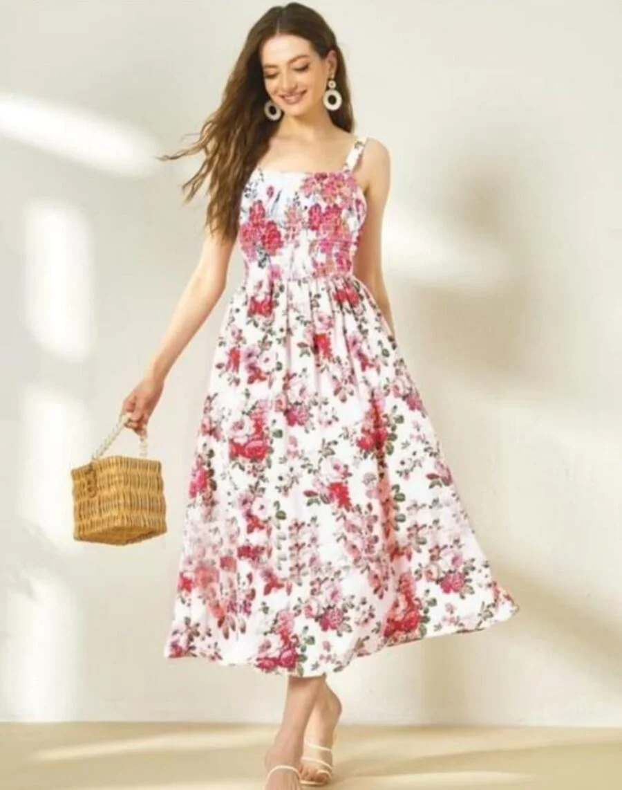 Elegant Blooms: The Floral Print Shirred Bodice Midi Dress
