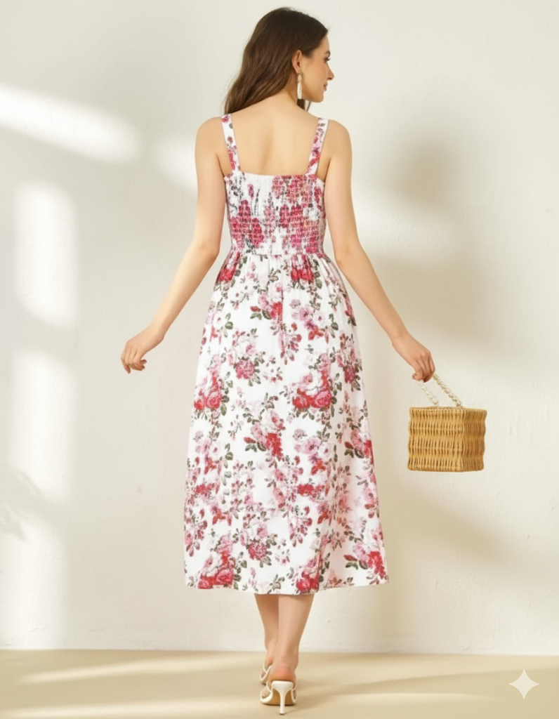 Elegant Blooms: The Floral Print Shirred Bodice Midi Dress - Image 2