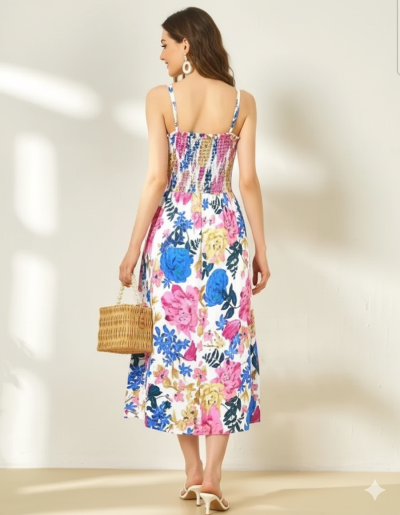 Tropical Paradise: The Vibrant Floral Shirred Bodice Midi Dress - Image 2