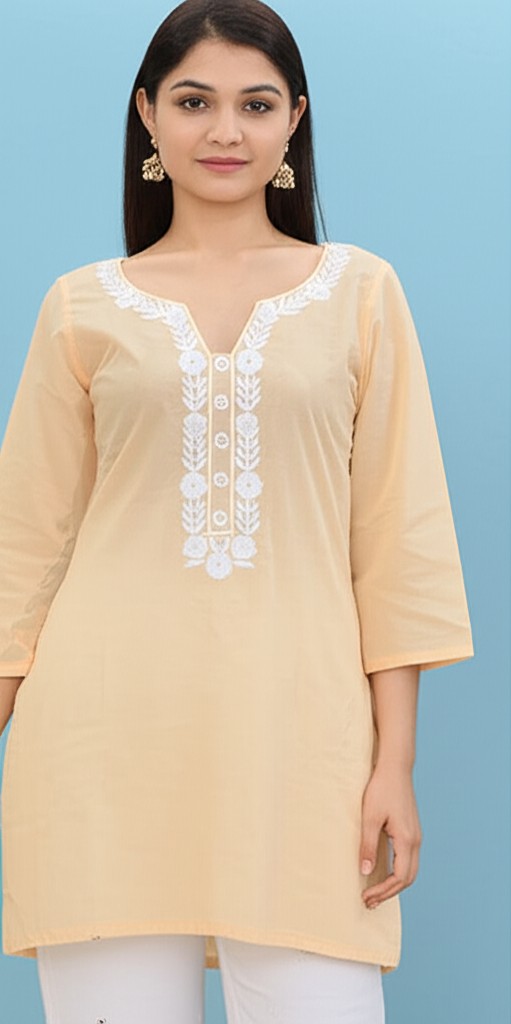 Women’s Casual Short Kurti with White Floral Embroidery | V-Neck Tunic Top