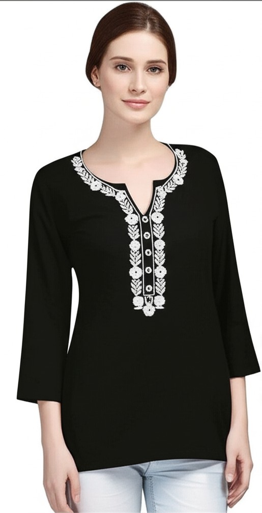 Women’s Black Short Kurti with White Embroidery | Casual Tunic Top