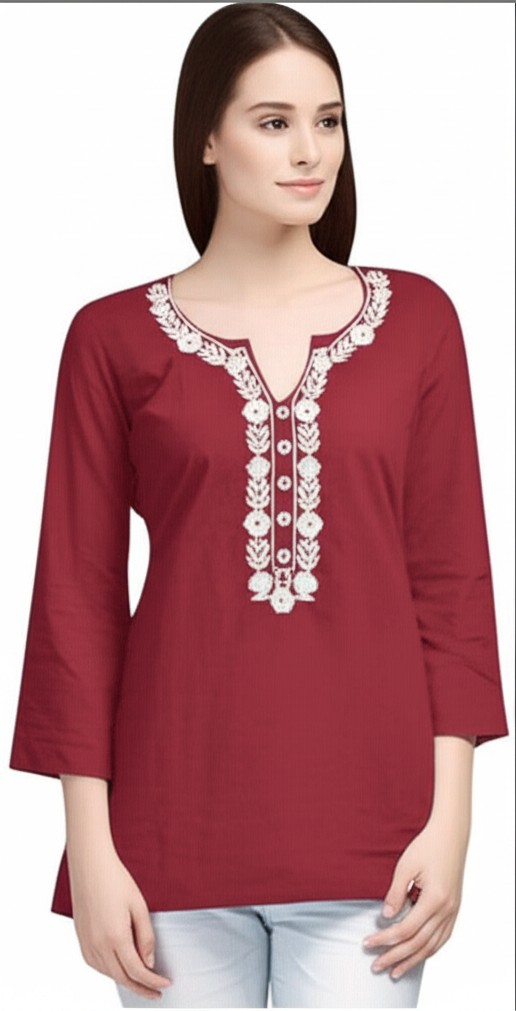 Women’s Embroidered V-Neck Short Kurti | Stylish Casual Tunic Top