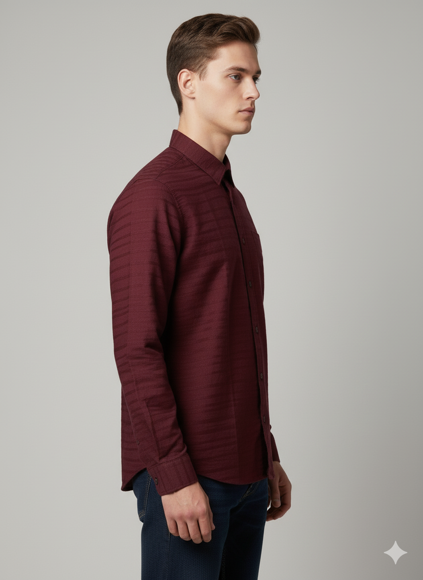 Men's Textured Maroon Long-Sleeve Button-Down Shirt - Image 2