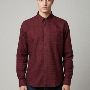 Men's Textured Maroon Long-Sleeve Button-Down Shirt