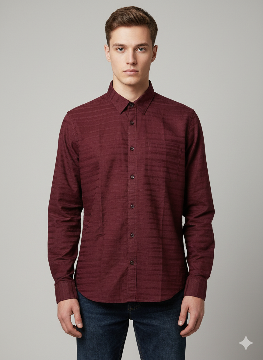 Men’s Textured Maroon Long-Sleeve Button-Down Shirt