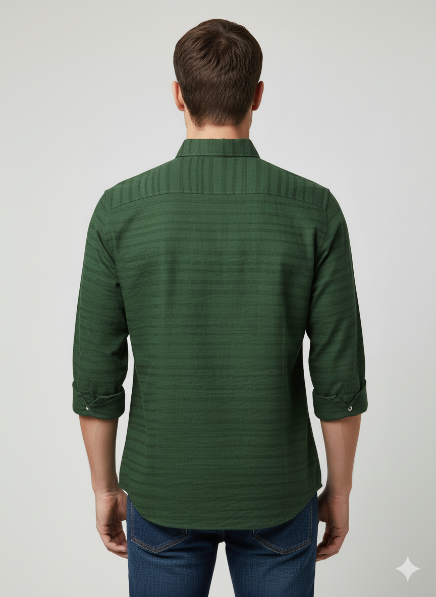 Men's Black Band-Collar Shirt with Textured Stripes - Image 3