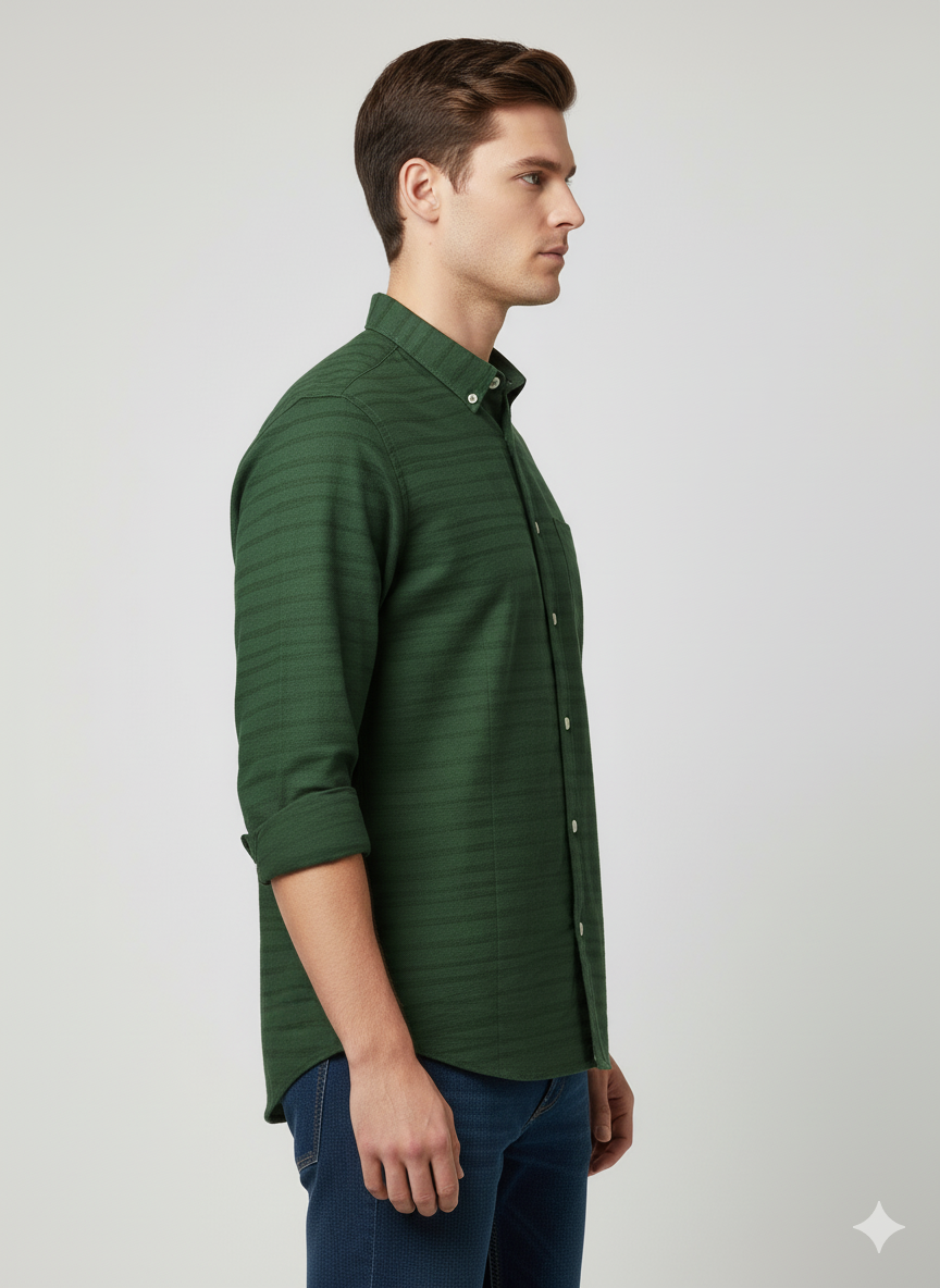 Men's Black Band-Collar Shirt with Textured Stripes - Image 2