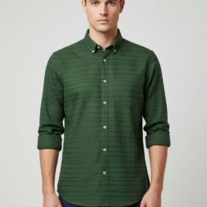 Men's Black Band-Collar Shirt with Textured Stripes