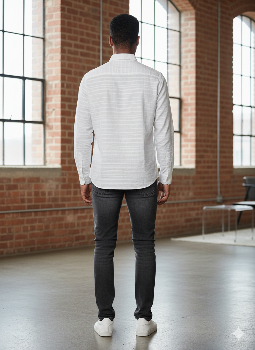 Men's White Textured Stripe Long-Sleeve Button-Down Shirt - Image 3