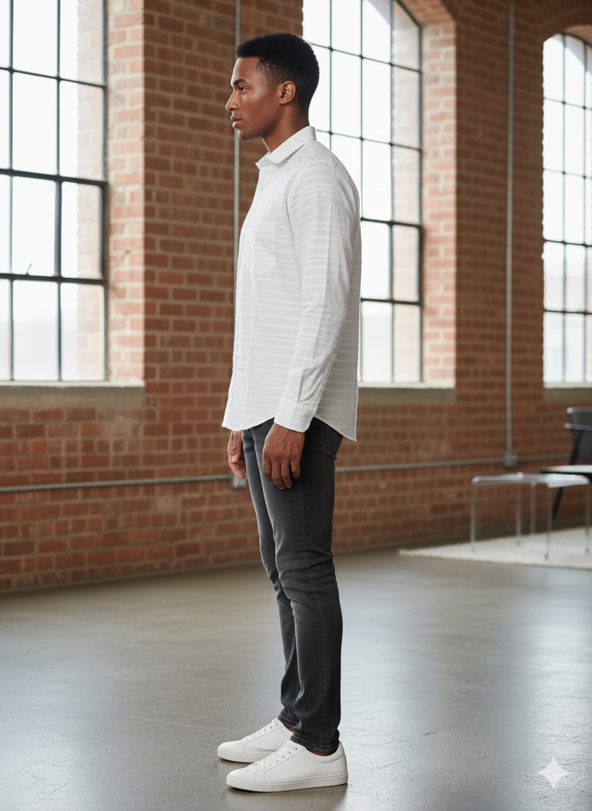 Men's White Textured Stripe Long-Sleeve Button-Down Shirt - Image 2