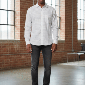 Men's White Textured Stripe Long-Sleeve Button-Down Shirt