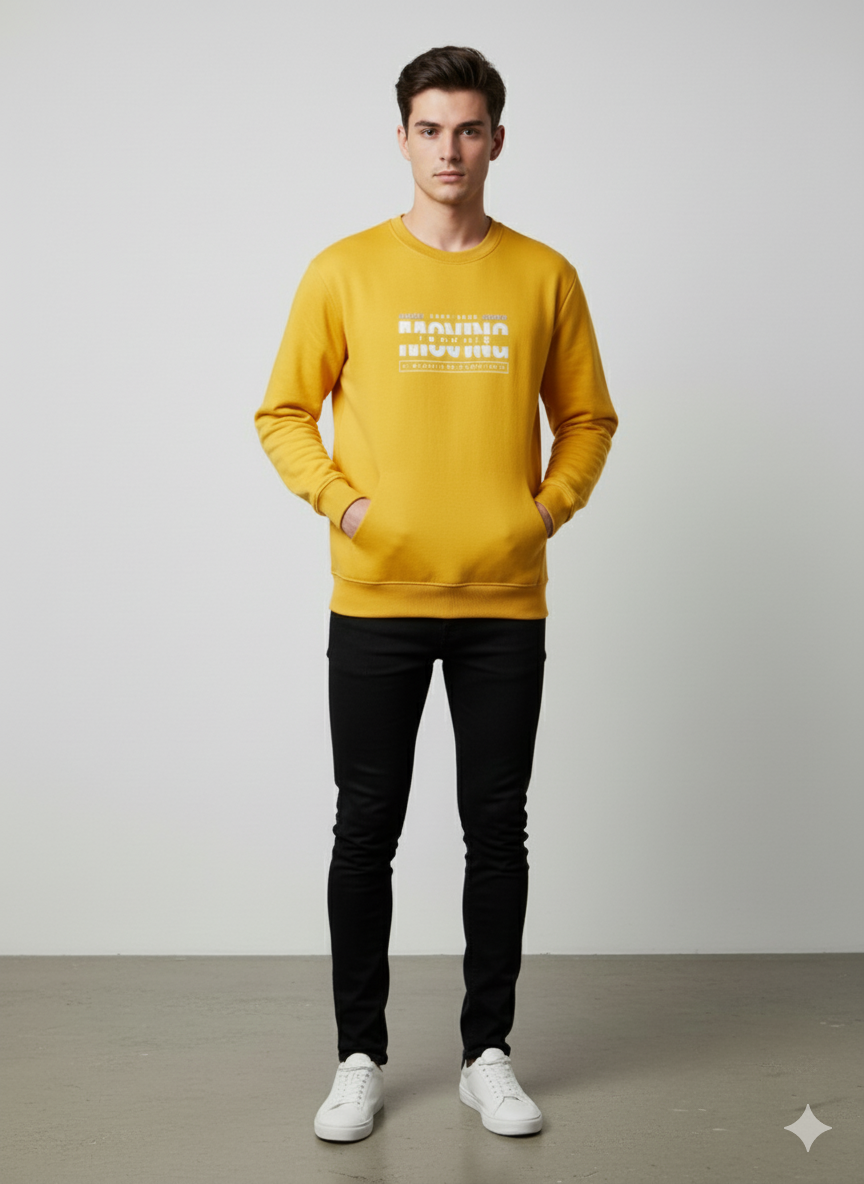 Yellow Printed Oversize Pullover Sweatshirt with Kangaroo Pocket