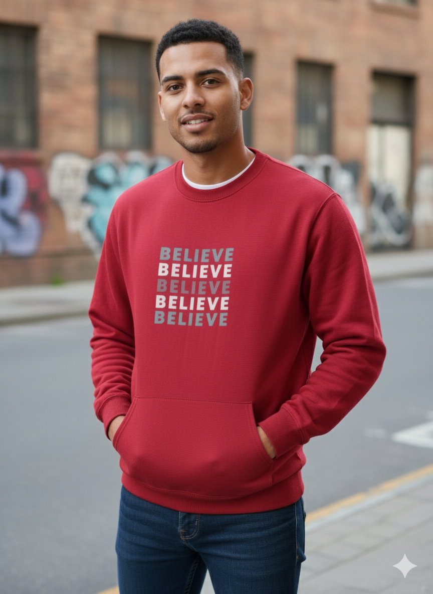 Maroon ‘Believe’ Graphic Pullover Sweatshirt with Kangaroo Pocket