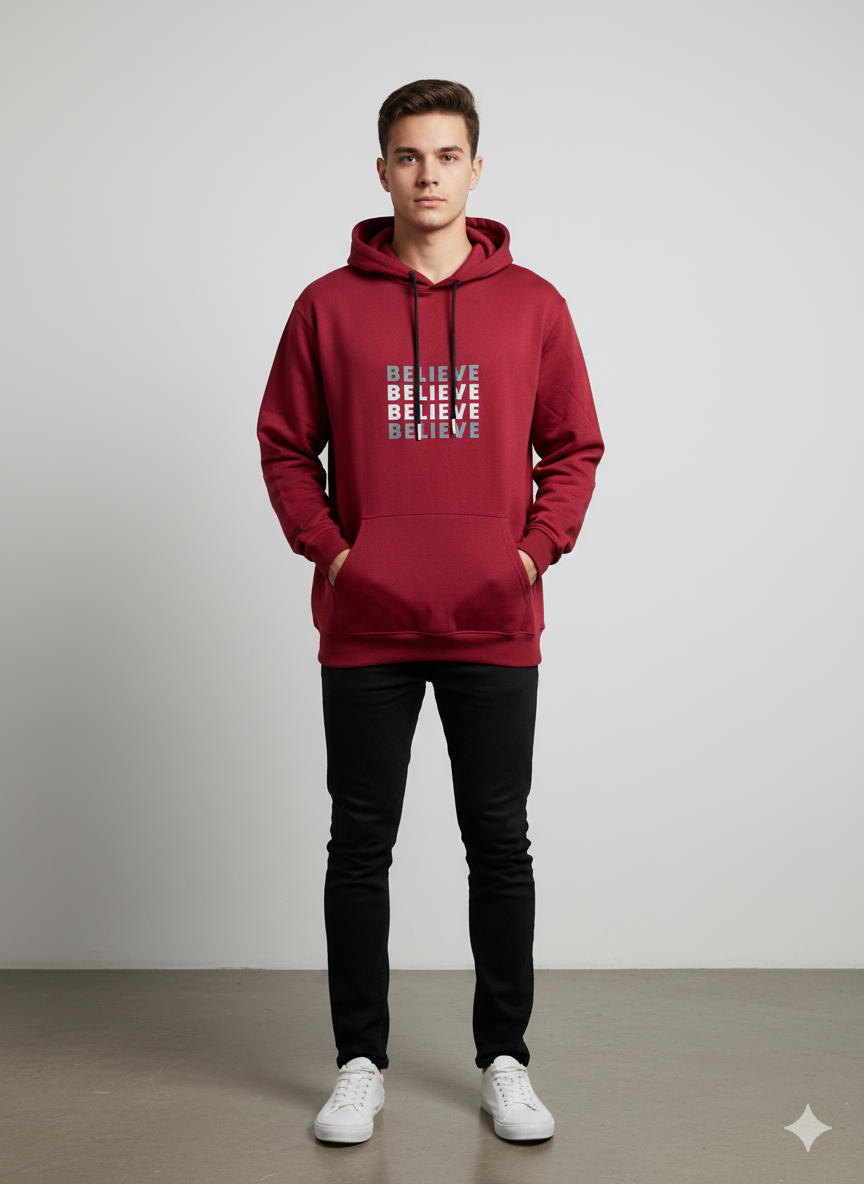 Men’s Maroon “BELIEVE” Hoodie – Inspirational & Comfortable Pullover