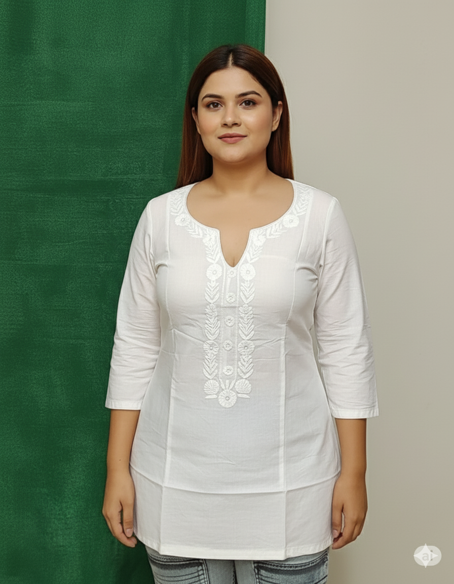 Women’s White Short Kurti with Elegant Embroidery | Casual V-Neck Tunic Top