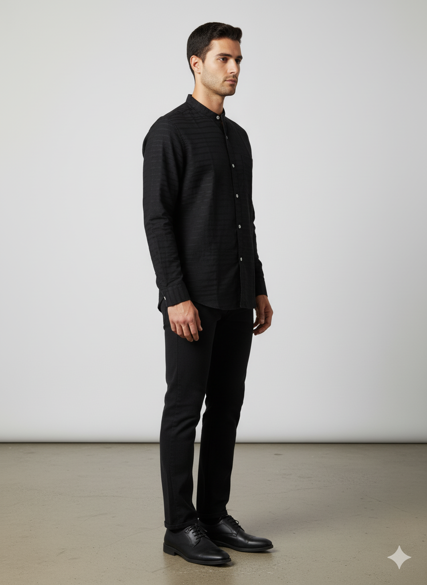 Men's Black Band-Collar Shirt - Image 3