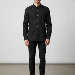 Men's Black Band-Collar Shirt