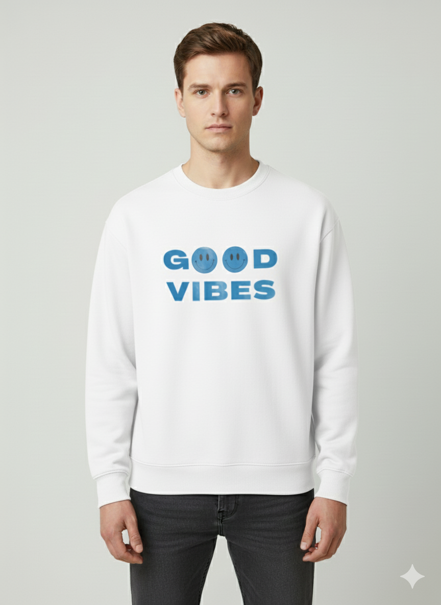 White ‘Good Vibes’ Graphic Crewneck Sweatshirt