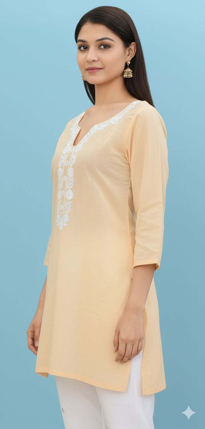 Women's Casual Short Kurti with White Floral Embroidery | V-Neck Tunic Top - Image 2