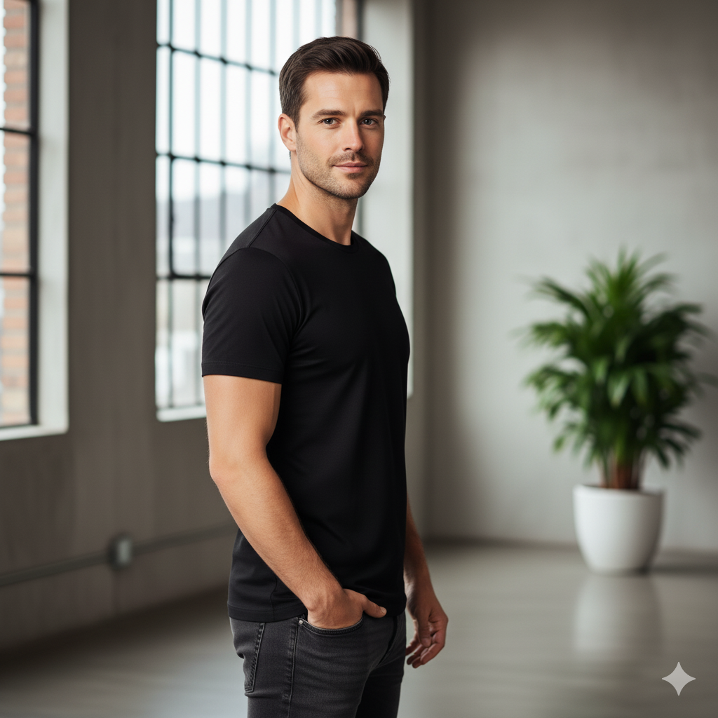 Men's Essential Black Slim-Fit Cotton Blend T-Shirt | Premium Crew Neck - Image 2